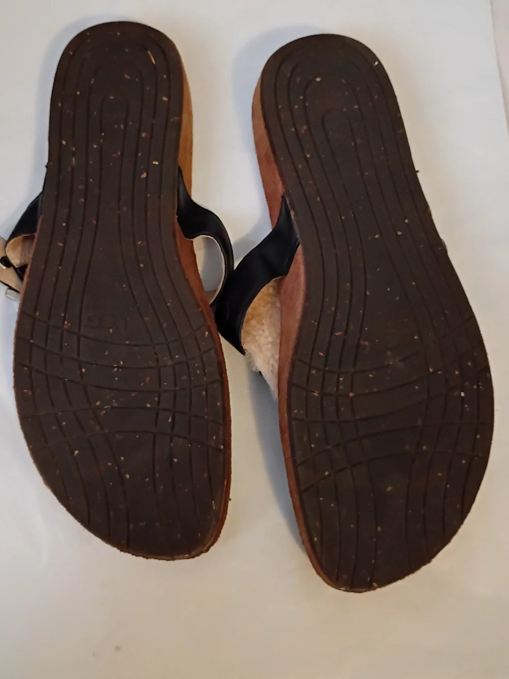 UGG Black Leather Shearling-Trim Thong Sandals with Brown Footbed
